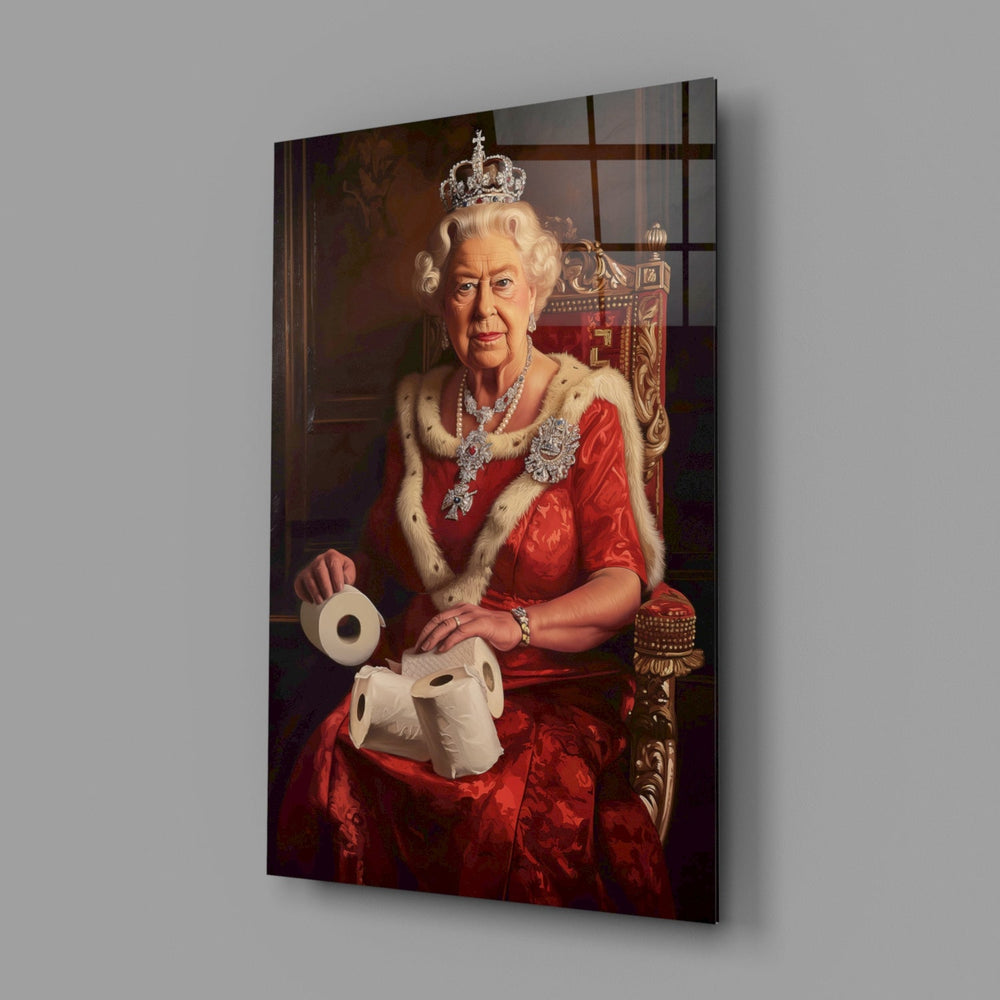 Designer-collection royal-humor panel anchoring a powder-room wall
