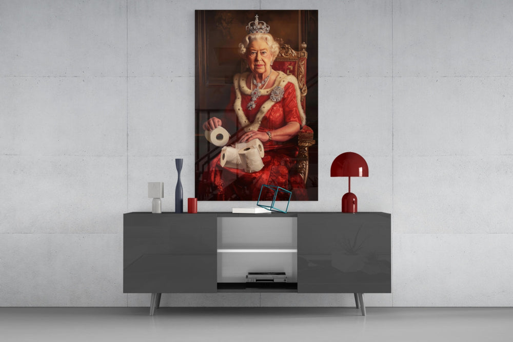 The Queen's Secret glass wall art catching light to reveal its painted texture
