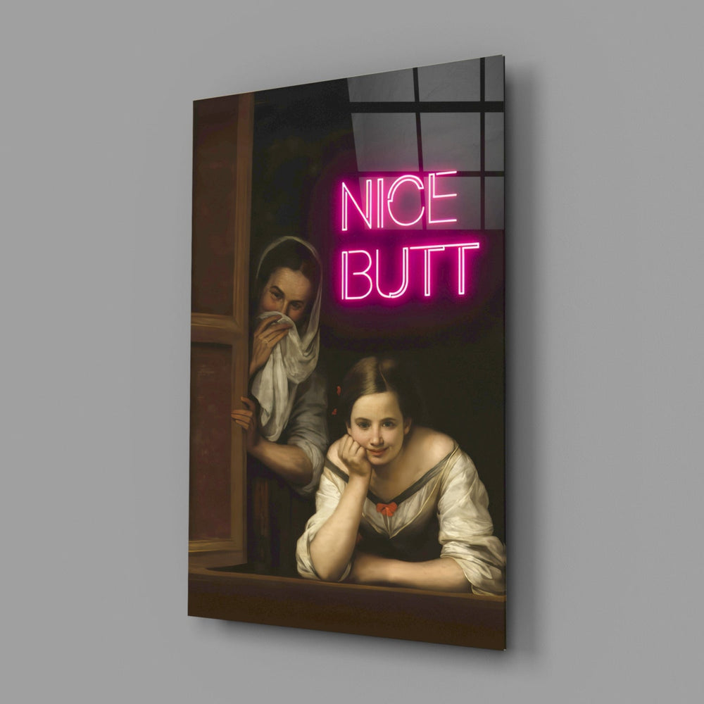 Designer-collection art-history humor panel anchoring a powder-room wall