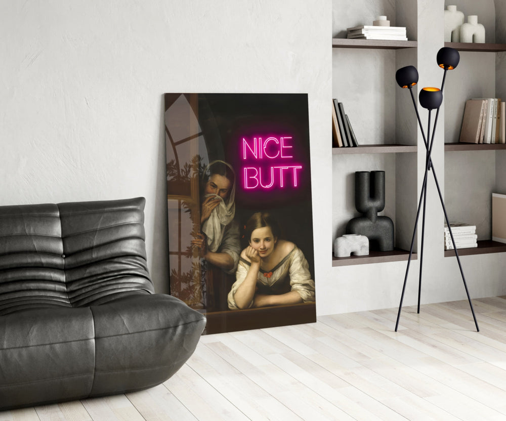 Art-history glass print bringing neon-pink edge to a guest washroom