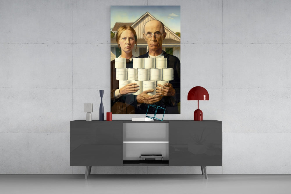 American Nightmare glass wall art catching light to reveal its painted texture