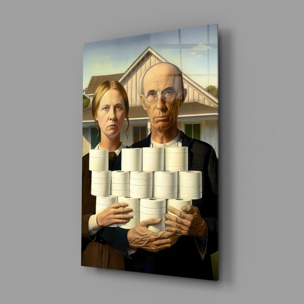 Designer-collection art-history humor panel anchoring a powder-room wall