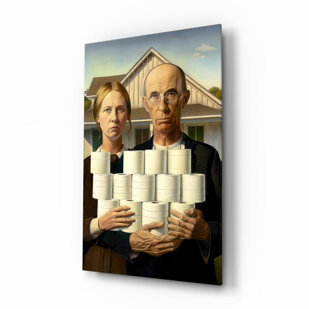 American Nightmare glass wall art in a modern bathroom