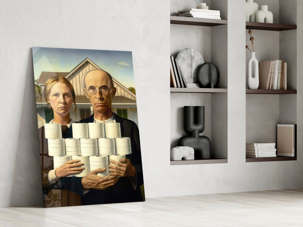 American Gothic parody panel against a moody dark-painted accent wall