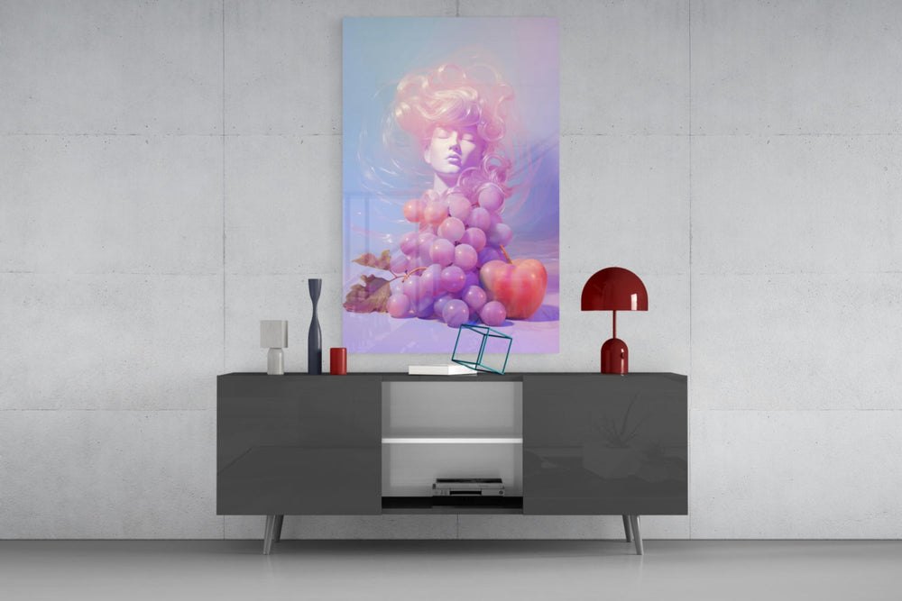 Grape Goddess glass wall art catching light to reveal its painted texture