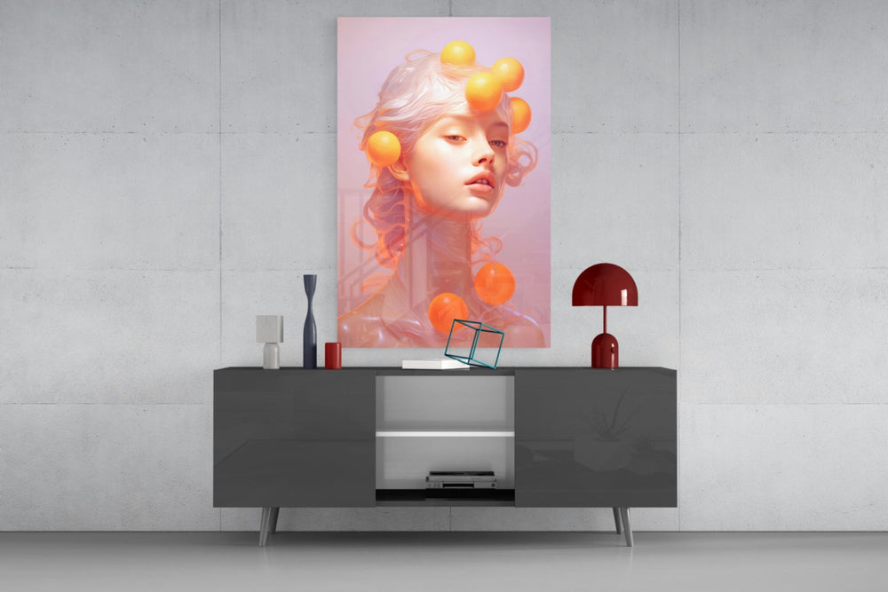 Queen of Orange glass wall art catching light to reveal its painted texture