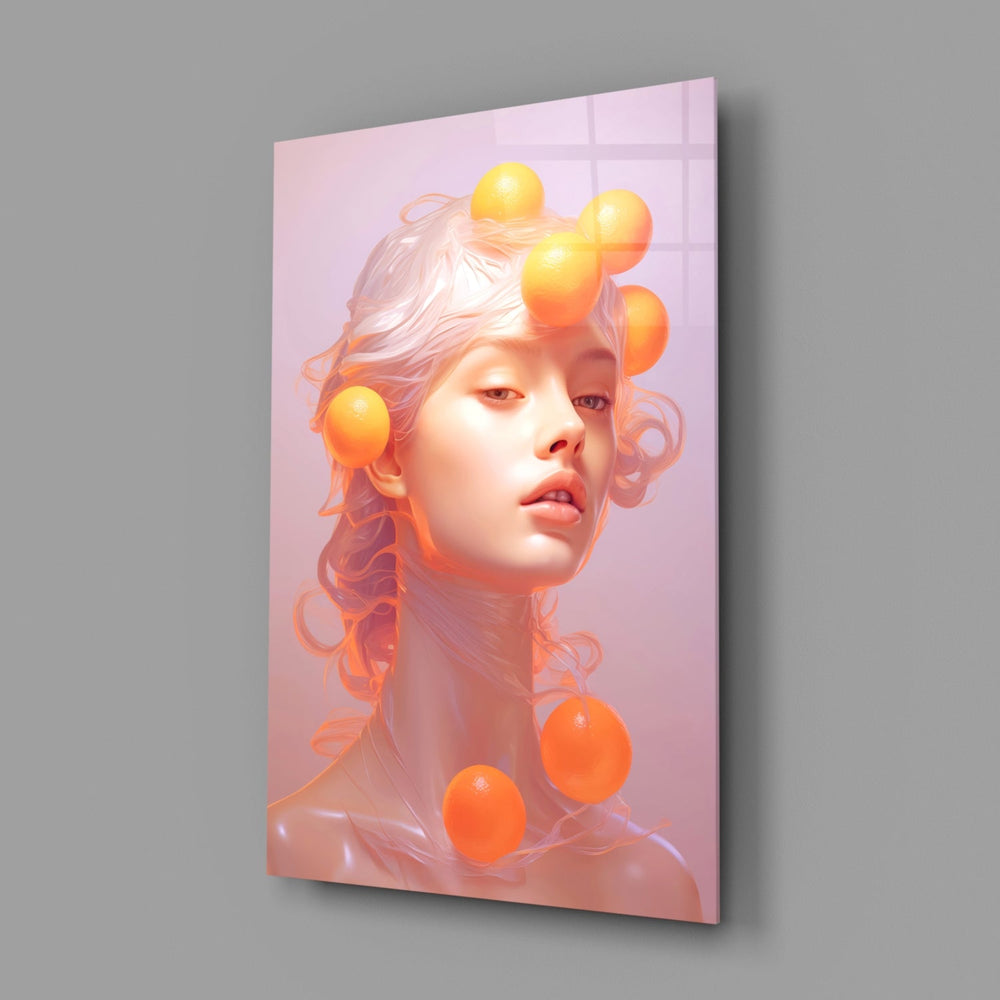Designer-collection pastel-portrait panel anchoring a vanity wall
