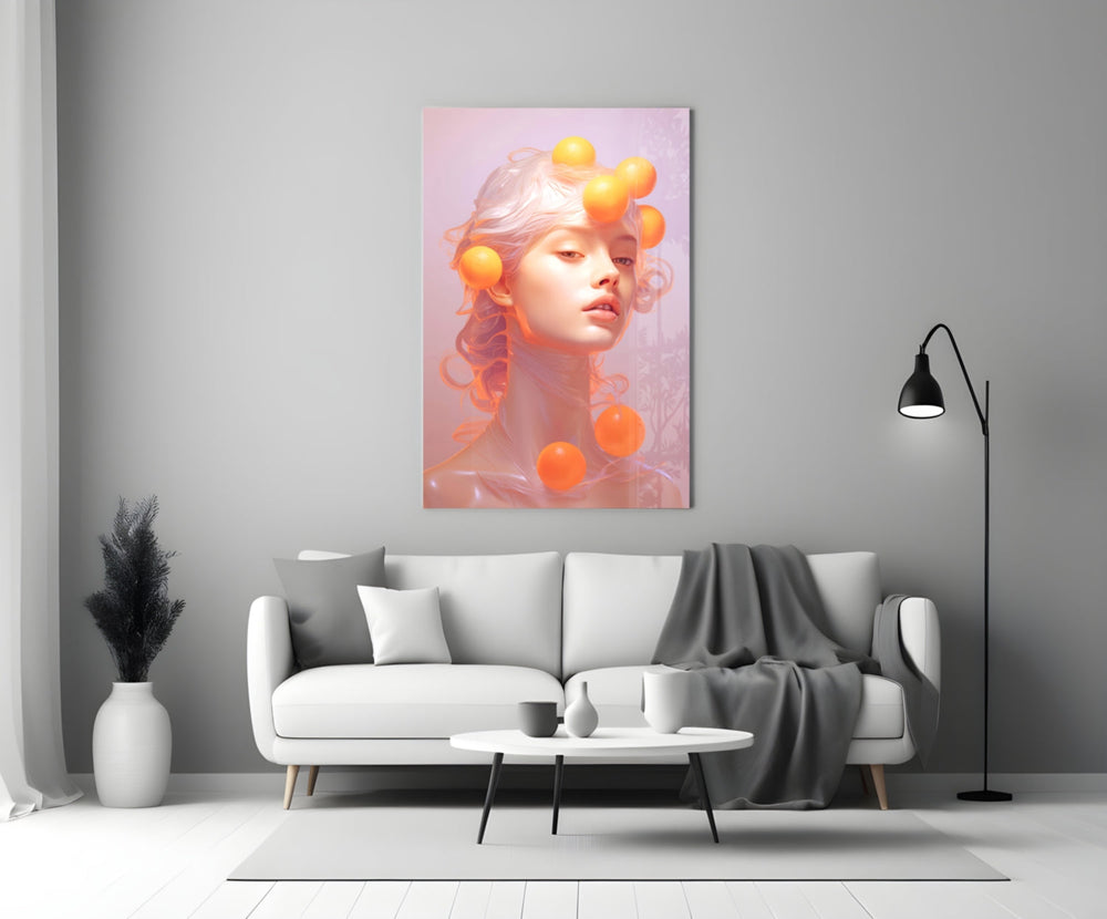 Close-up detail of pastel muse with floating oranges behind glass
