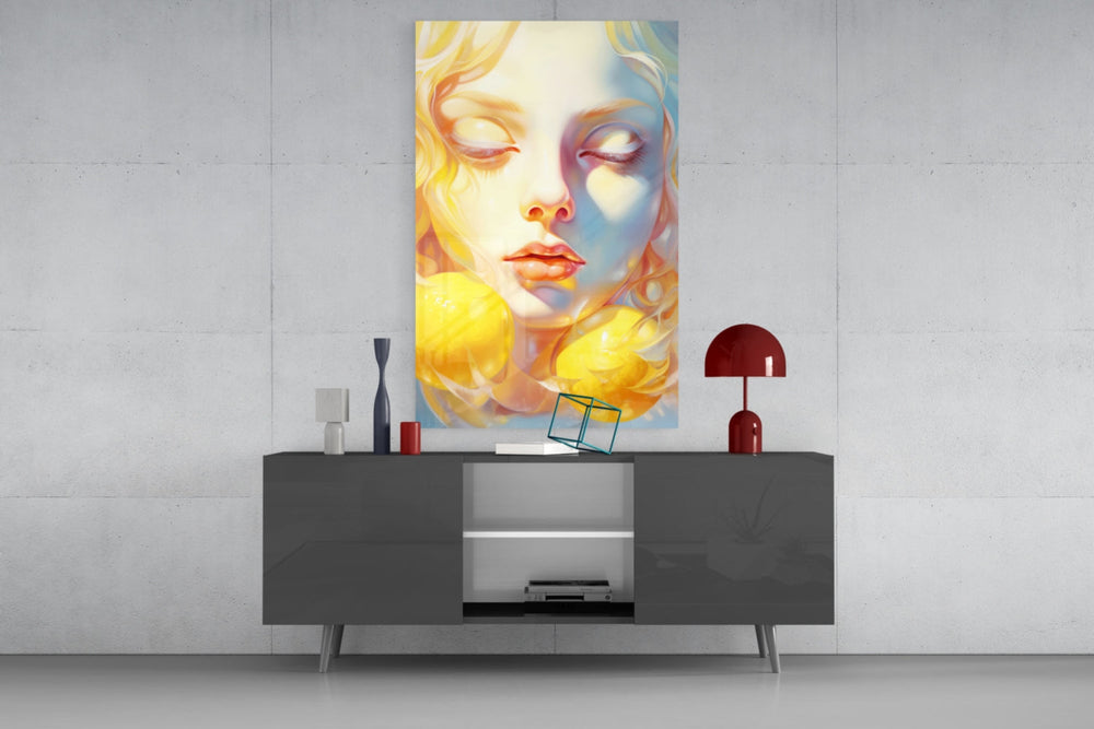 Lemony Dreams glass wall art catching light to reveal its painted texture