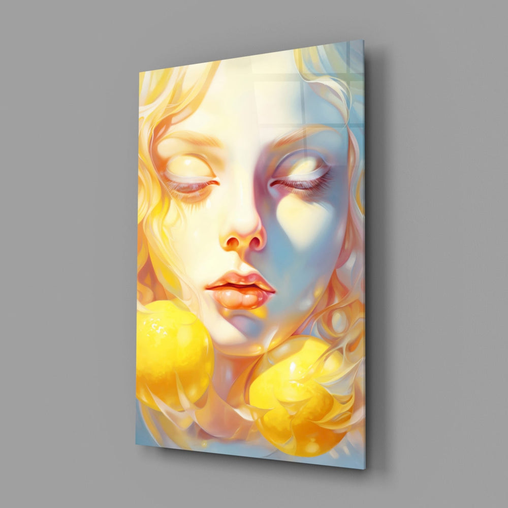 Designer-collection pastel-portrait panel anchoring a vanity wall