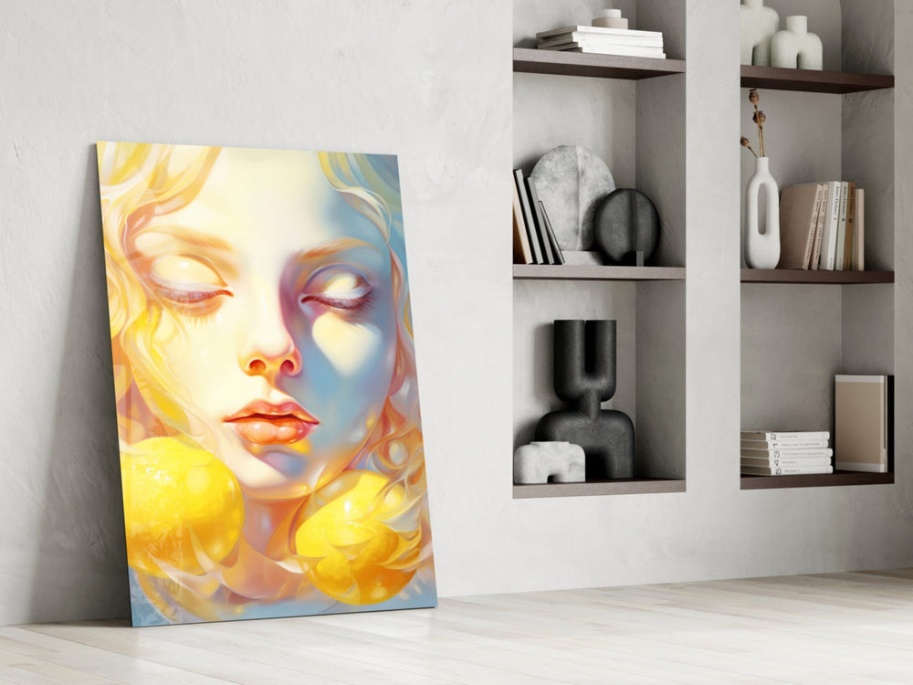 Pastel portrait panel against a moody dark-painted accent wall