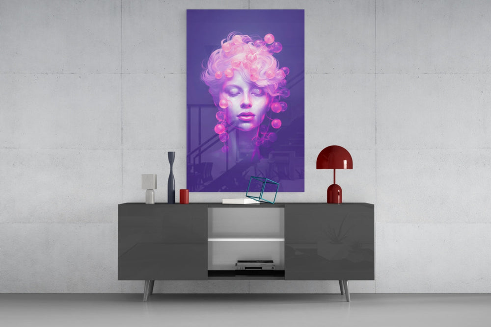 Pink Bubbles violet glass wall art catching light to reveal its painted bubbles