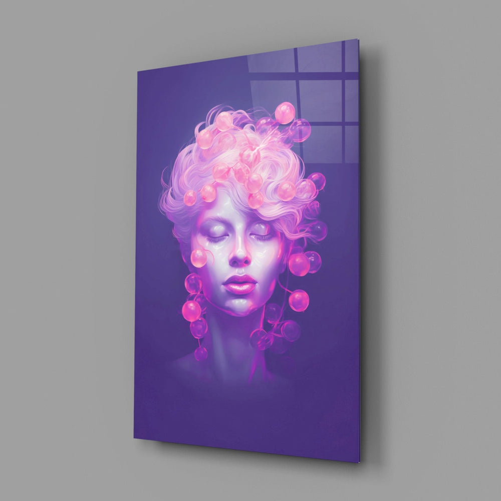 Designer-collection pastel-portrait panel anchoring a vanity wall