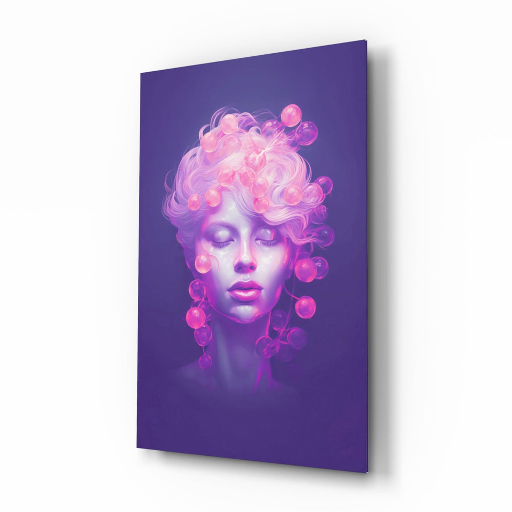 Pink Bubbles violet glass wall art in a modern bedroom