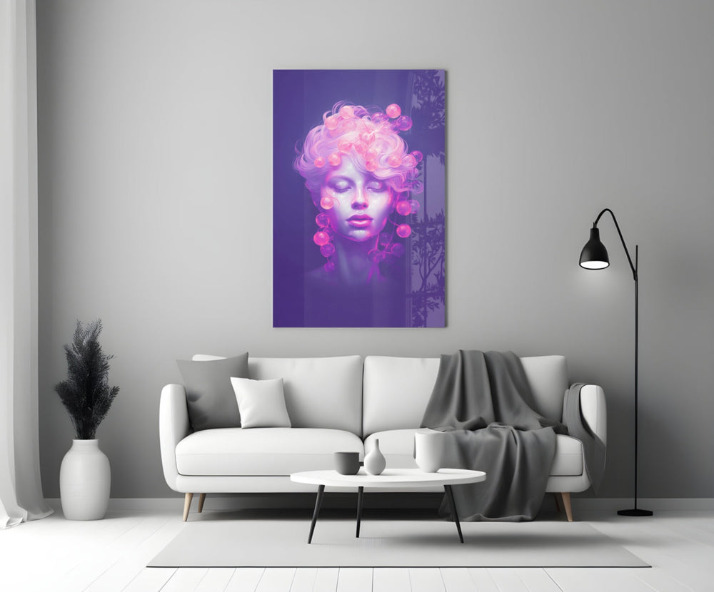 Close-up detail of pastel muse with pink bubble crown behind glass