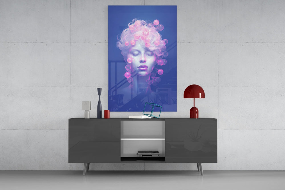 Pink Bubbles cobalt glass wall art catching light to reveal its painted bubbles