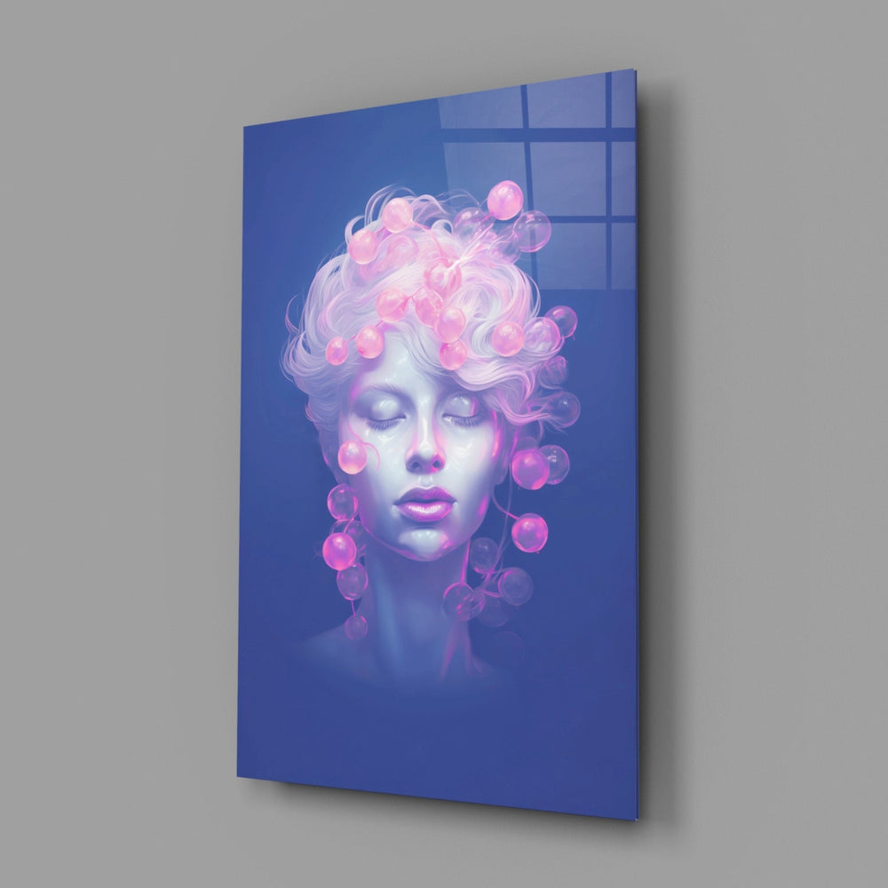 Designer-collection pastel-portrait panel anchoring a vanity wall