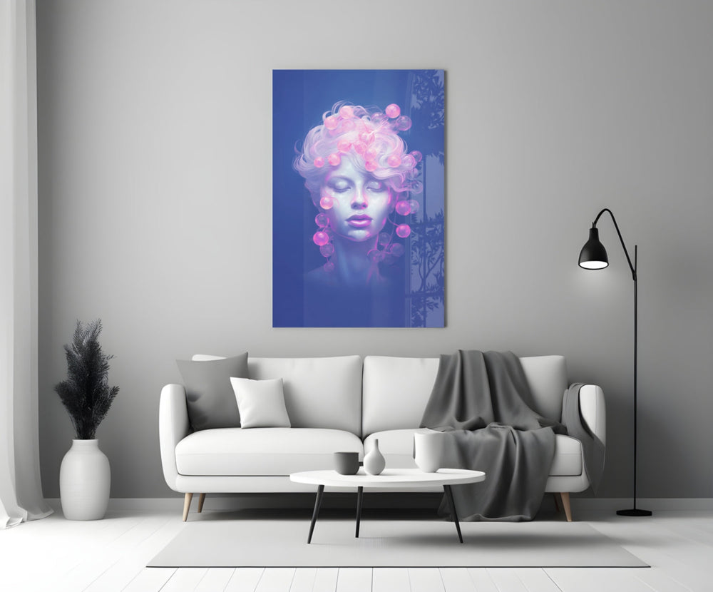 Close-up detail of pastel muse with pink bubble crown behind glass