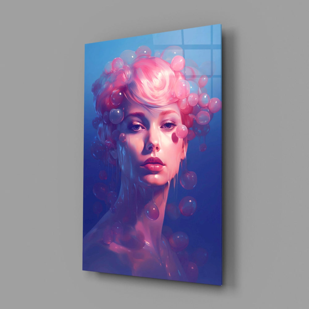 Designer-collection pastel-portrait panel anchoring a vanity wall
