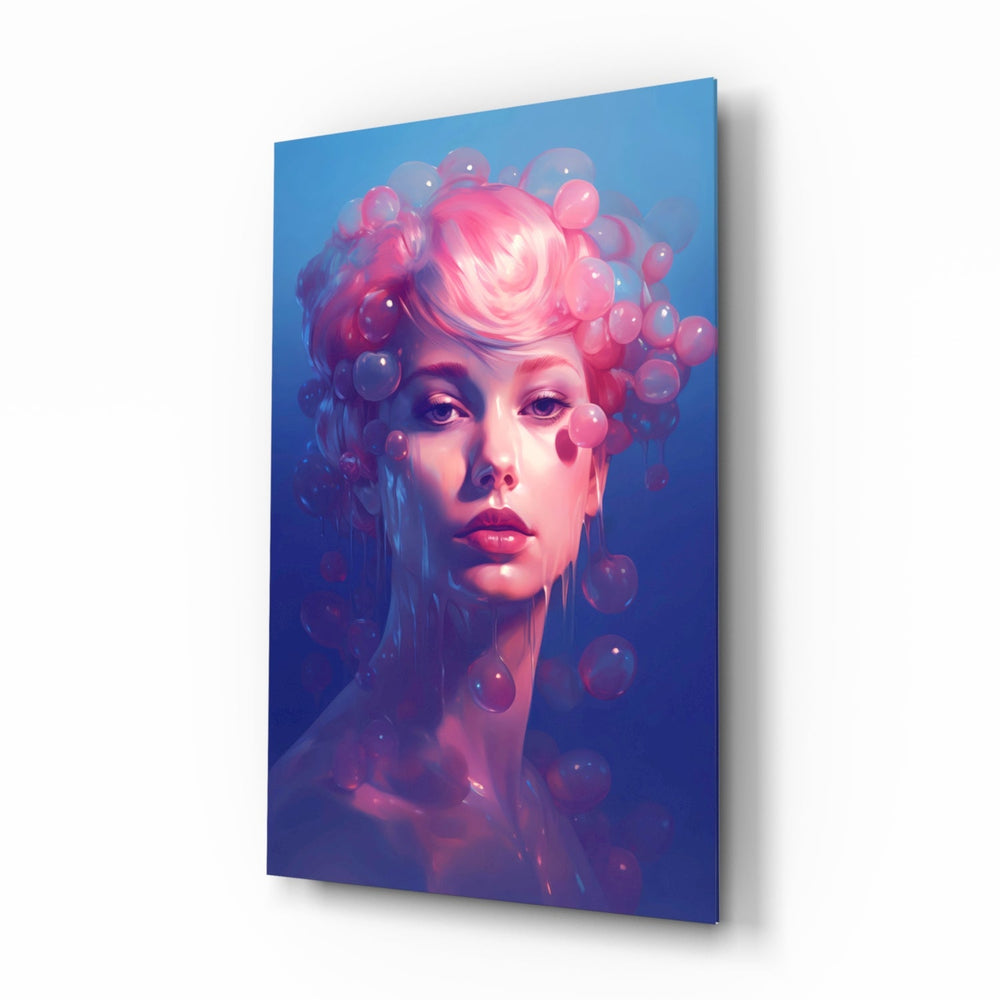 Pink Bubbles melting glass wall art in a modern bedroom