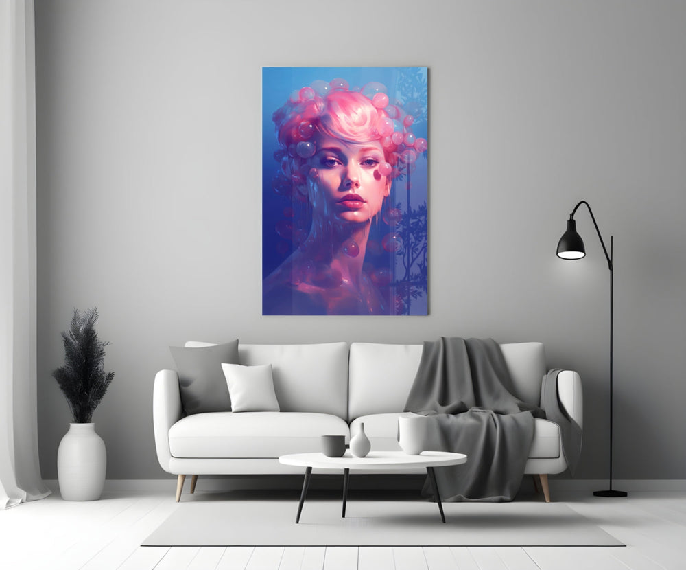Close-up detail of melting pastel muse with pink bubbles behind glass