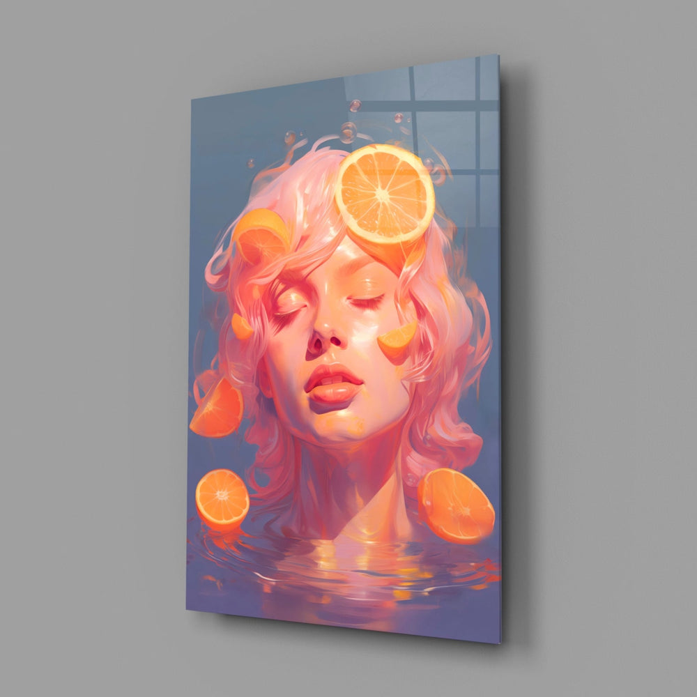 Designer-collection pastel-portrait panel anchoring a vanity wall