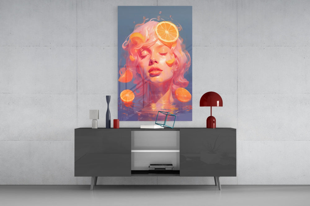 Orange Bubbles glass wall art catching light to reveal its painted citrus