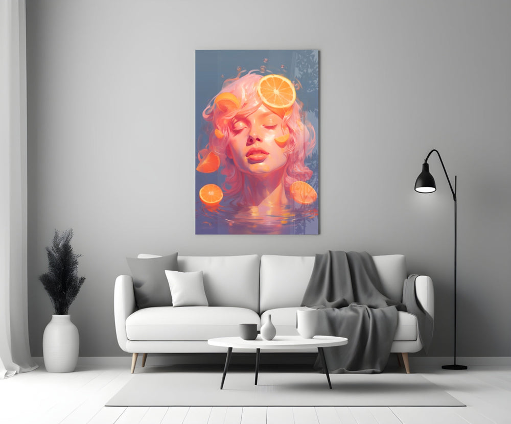 Close-up detail of pastel muse with floating orange slices behind glass