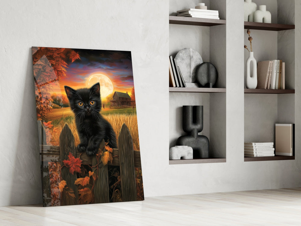 Autumn cat panel against a moody dark-painted accent wall