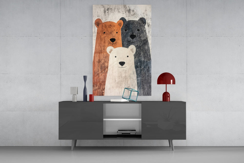 Bear Family glass wall art catching light to reveal its painted woodgrain