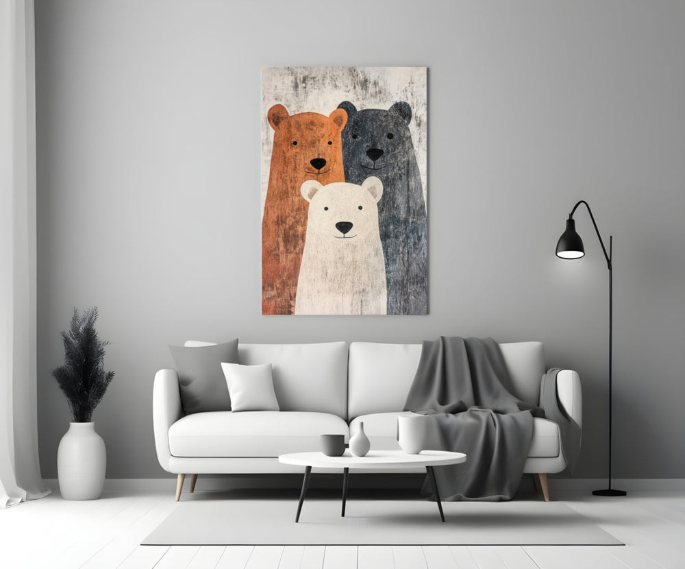 Close-up detail of three storybook bears behind glass