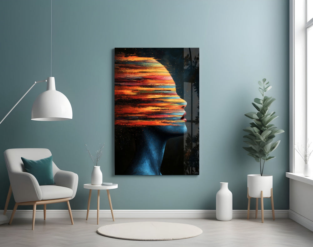 Abstract portrait artwork styled in a designer office interior