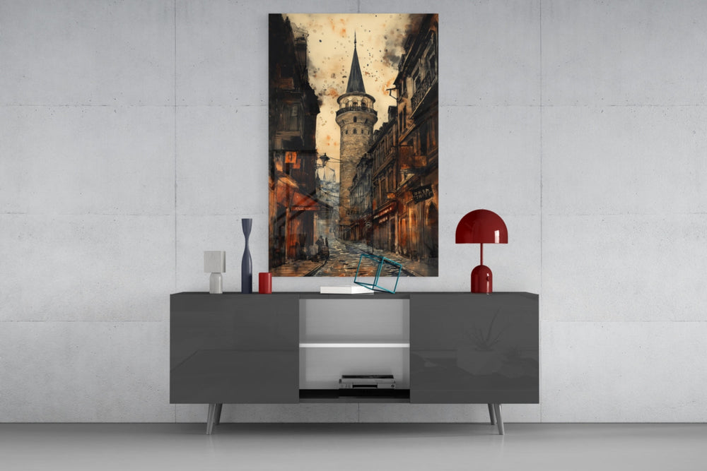 Galata Street glass wall art catching light to reveal its painted splatter