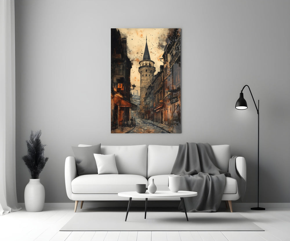 Close-up detail of Galata Tower in misty street behind glass