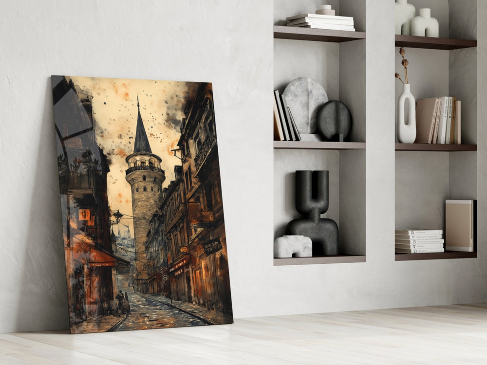 Cityscape panel against a moody dark-painted accent wall