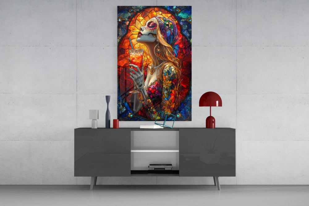 Cocktail of the Dead glass wall art catching light to reveal its mosaic