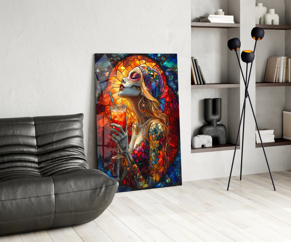 Stained-glass print bringing Día-de-los-Muertos edge to a moody dining room