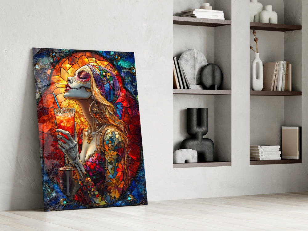 Catrina panel against a moody dark-painted accent wall