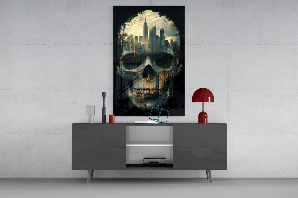 City Skull glass wall art catching light to reveal its painted drip