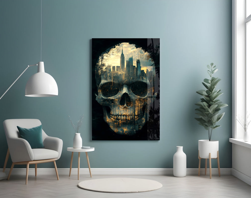 City Skull artwork styled in a home office interior