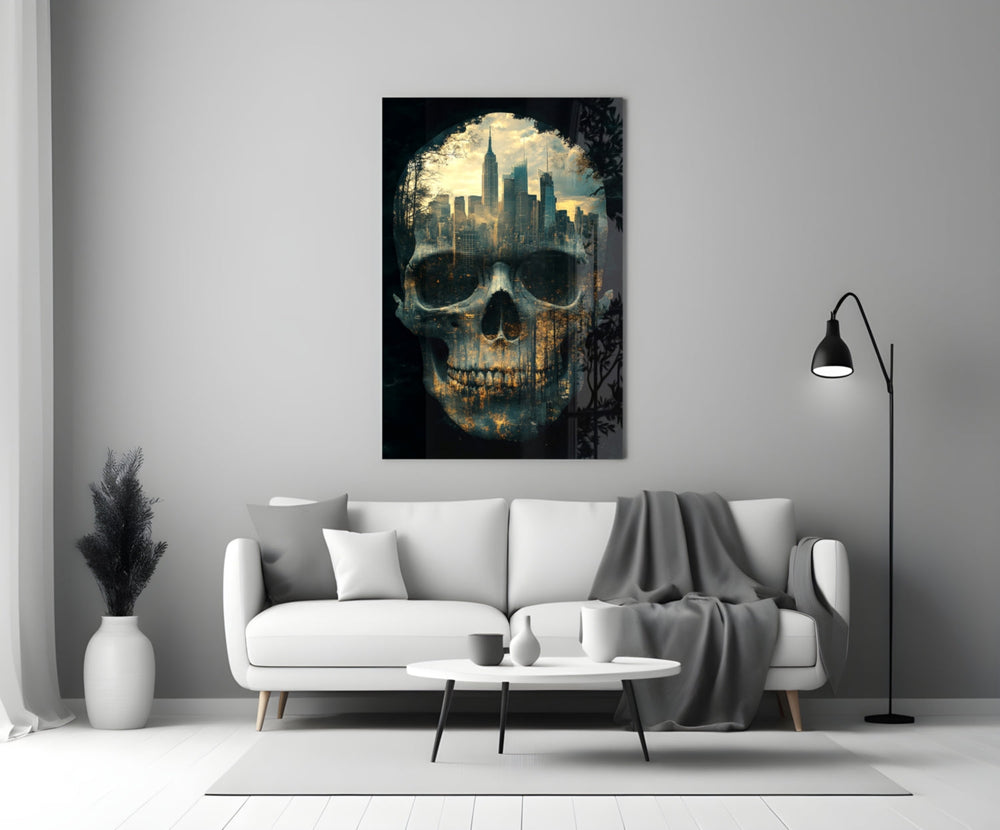 Close-up detail of Manhattan skyline inside skull behind glass