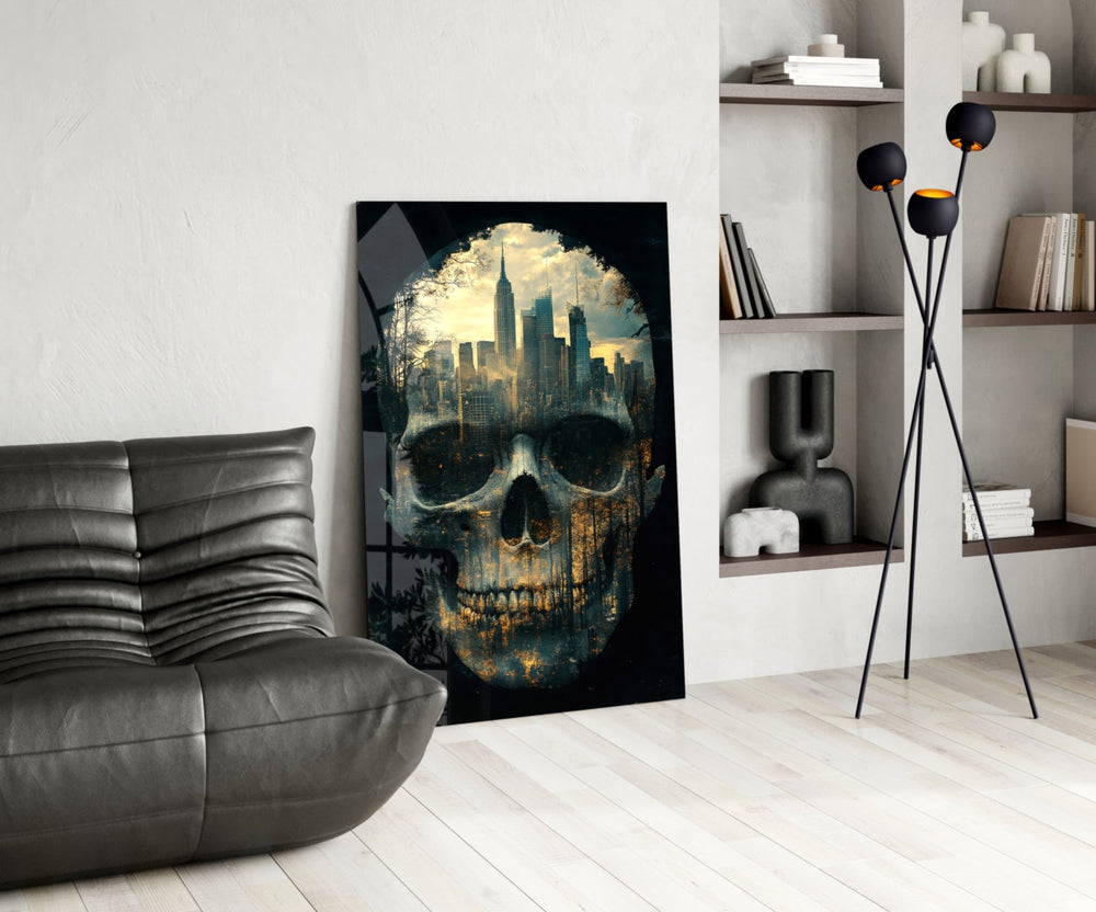 Urban art glass print bringing gothic edge to a creative loft