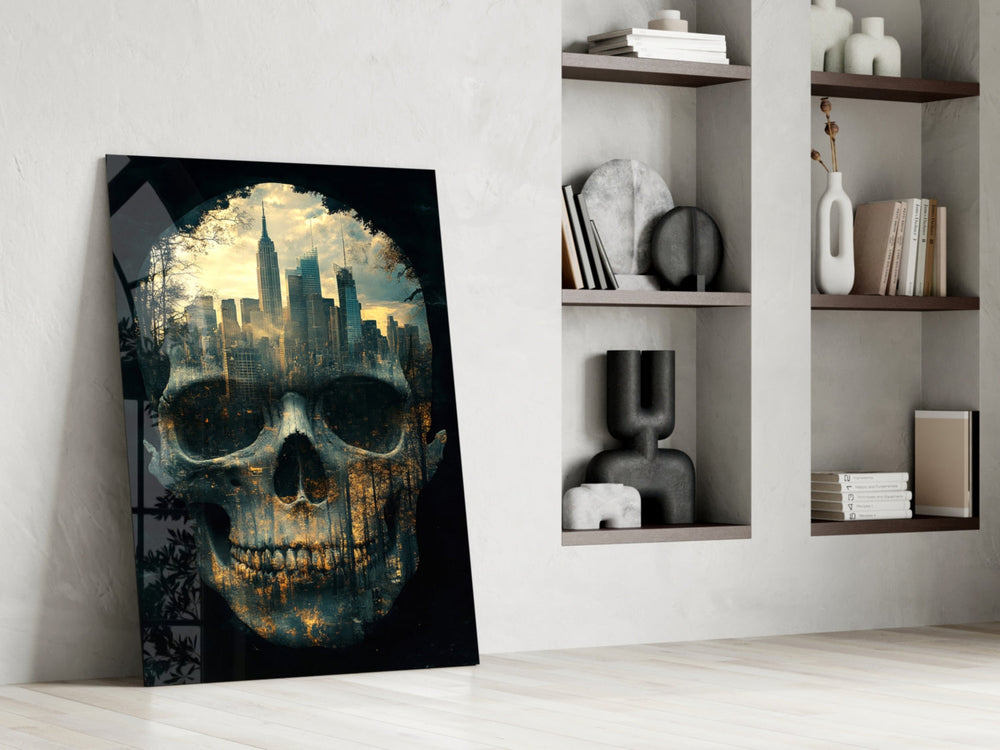 Skull panel against a moody dark-painted accent wall