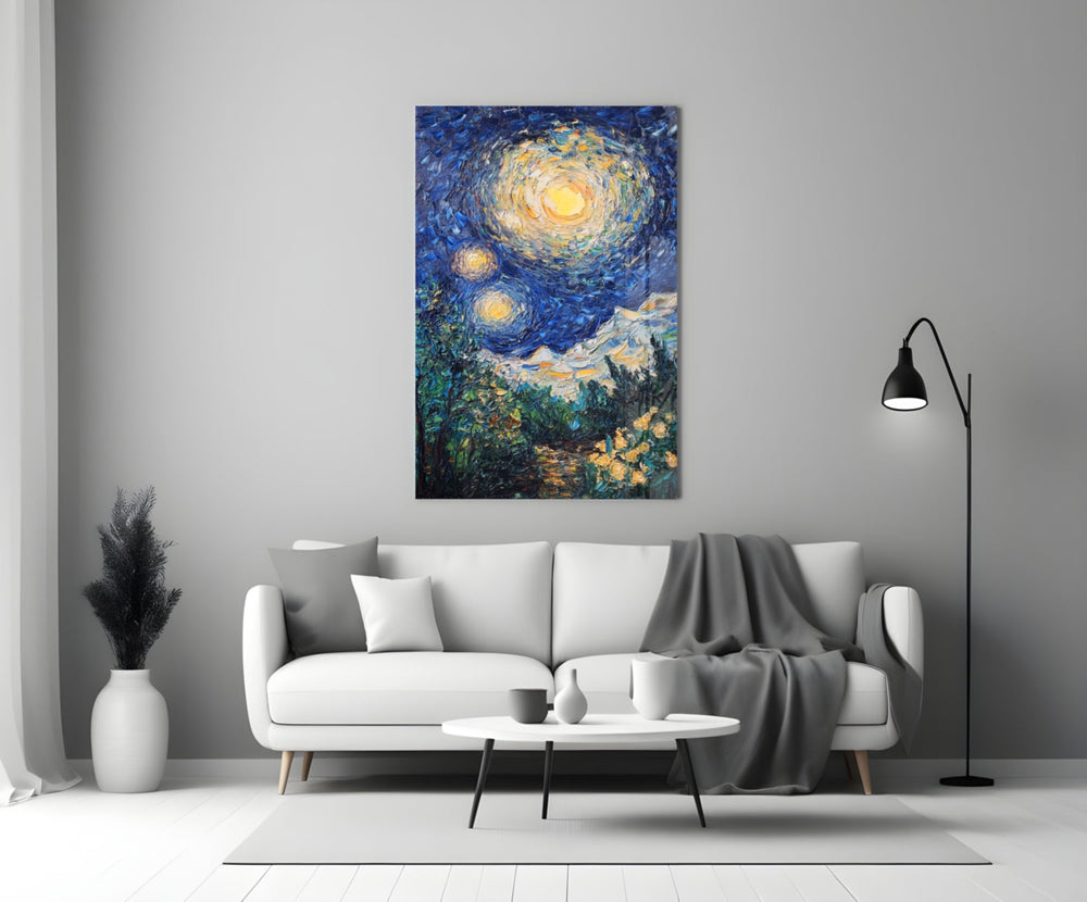 Close-up detail of Van Gogh-style swirling sky behind glass