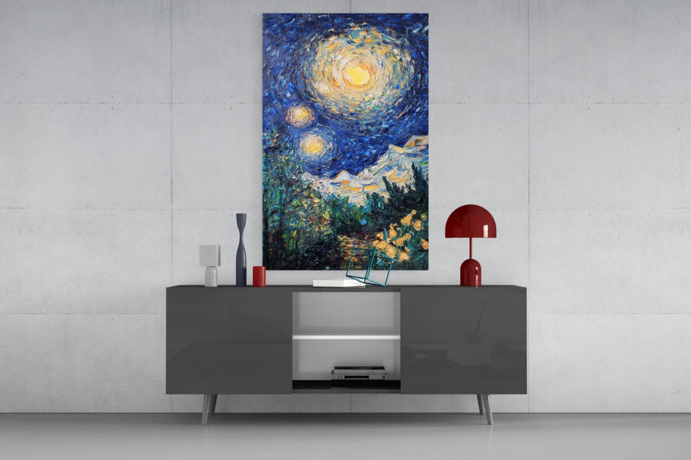 Starry Night Review glass wall art catching light to reveal its painted impasto