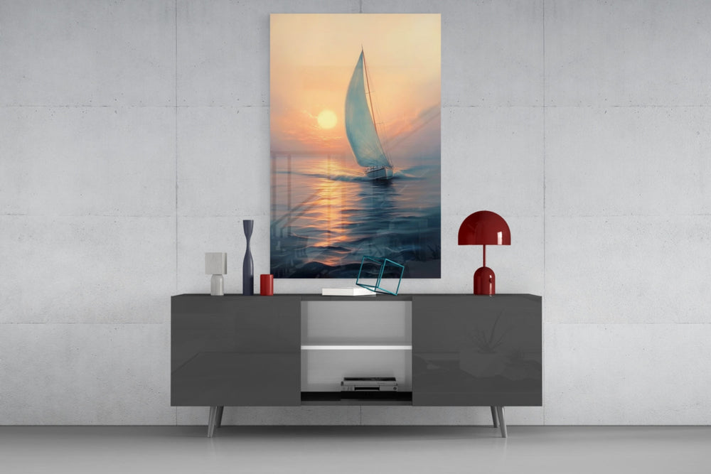 Sunset Sailboat glass wall art catching light to reveal its painted reflection