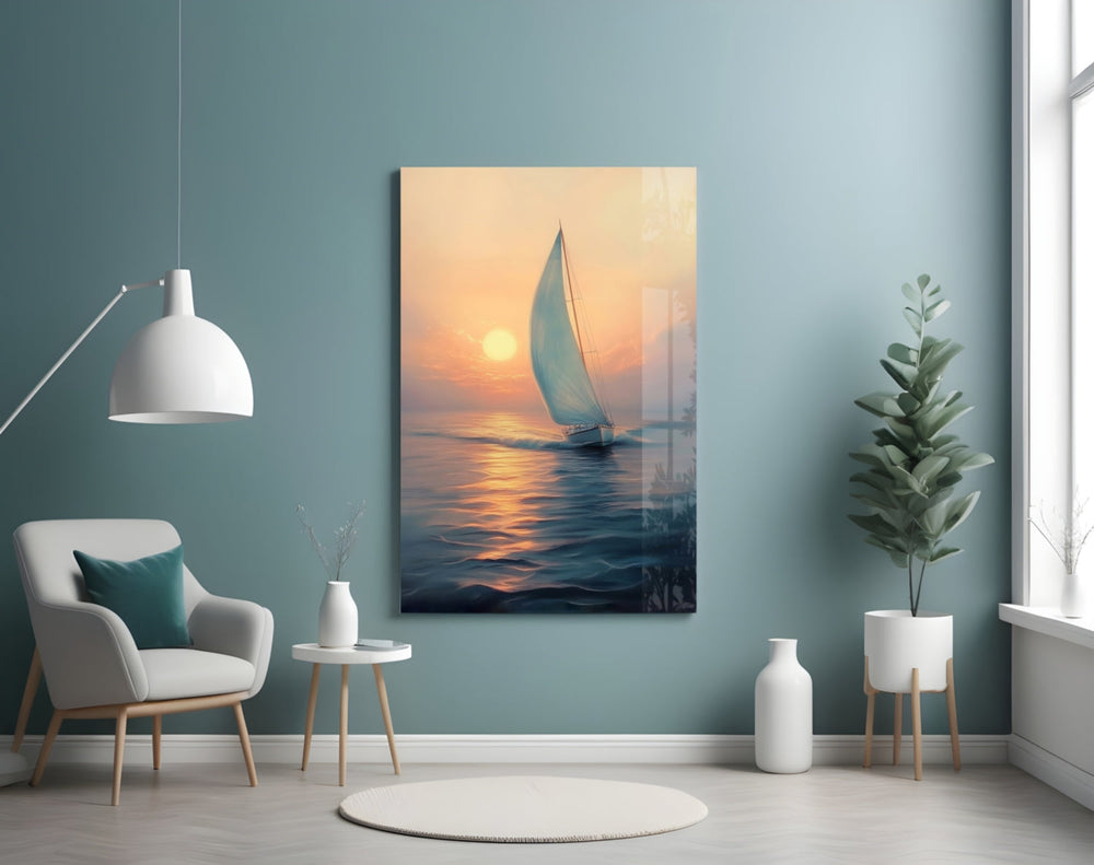 Sunset Sailboat artwork styled in a creative loft interior
