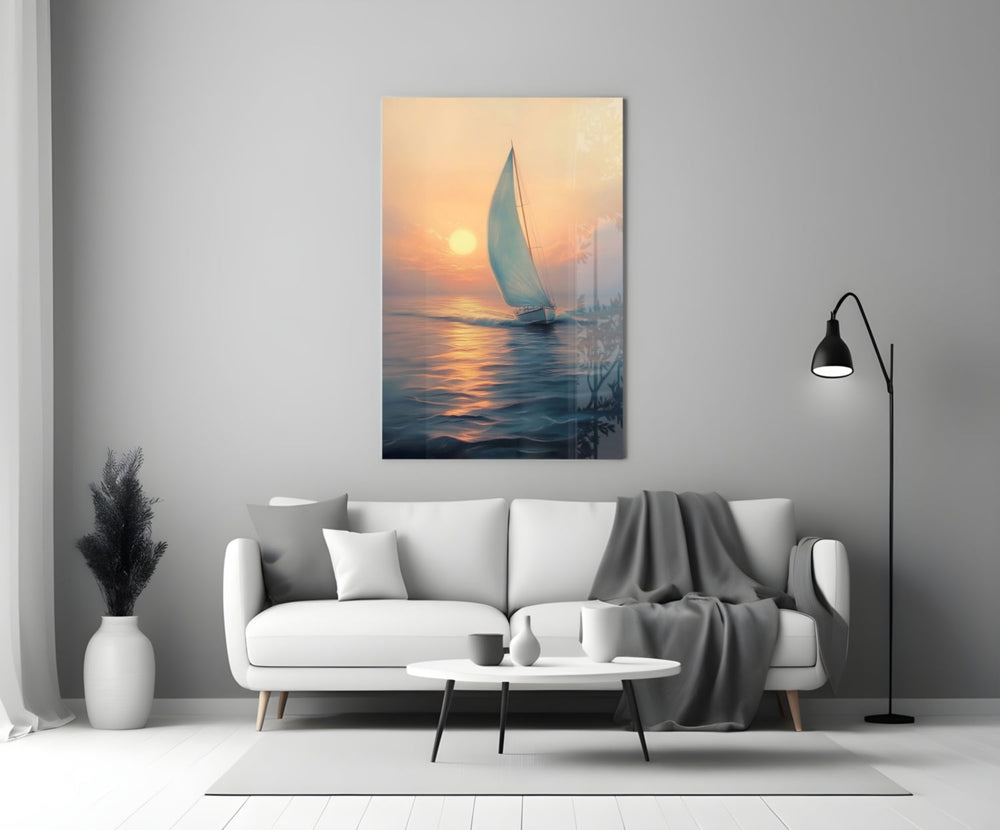 Close-up detail of sailboat heading into sunset behind glass