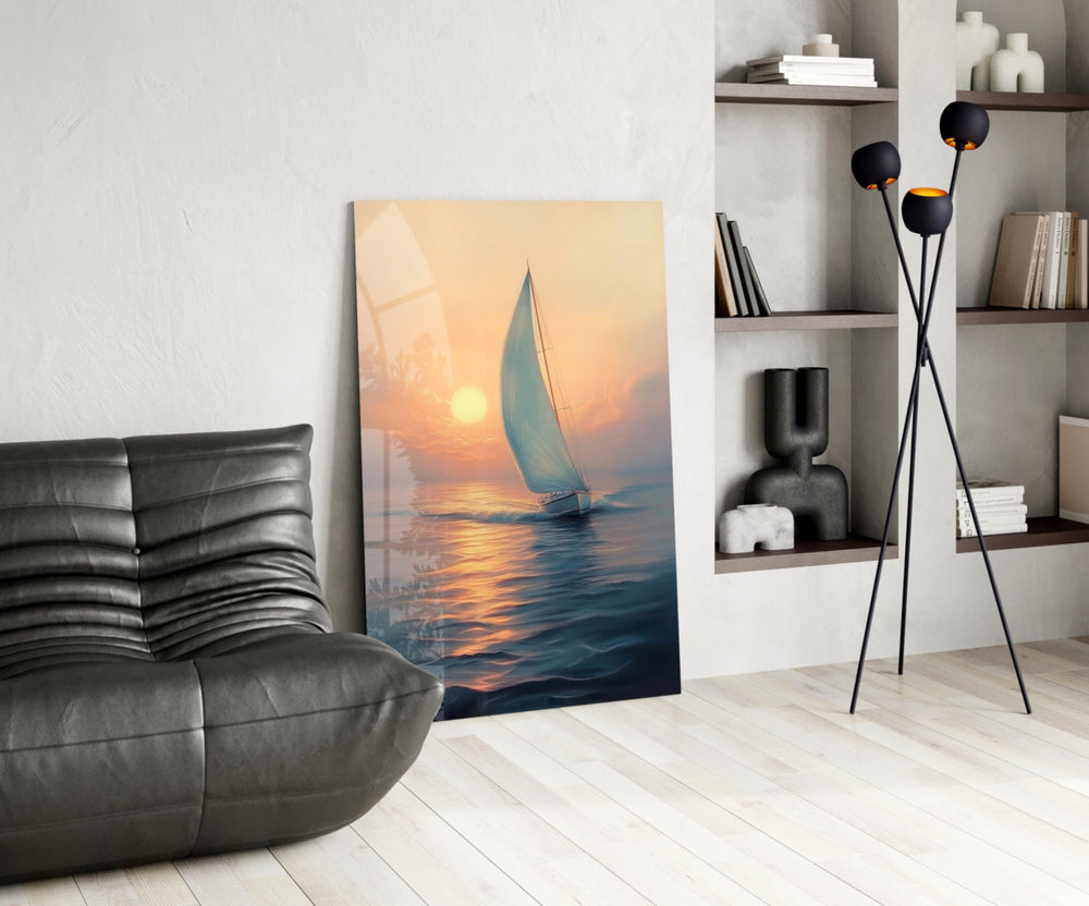 Coastal glass print bringing sunset-calm edge to a master bedroom