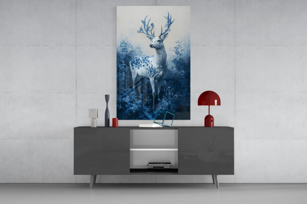 Blue Deer glass wall art catching light to reveal its painted blossoms